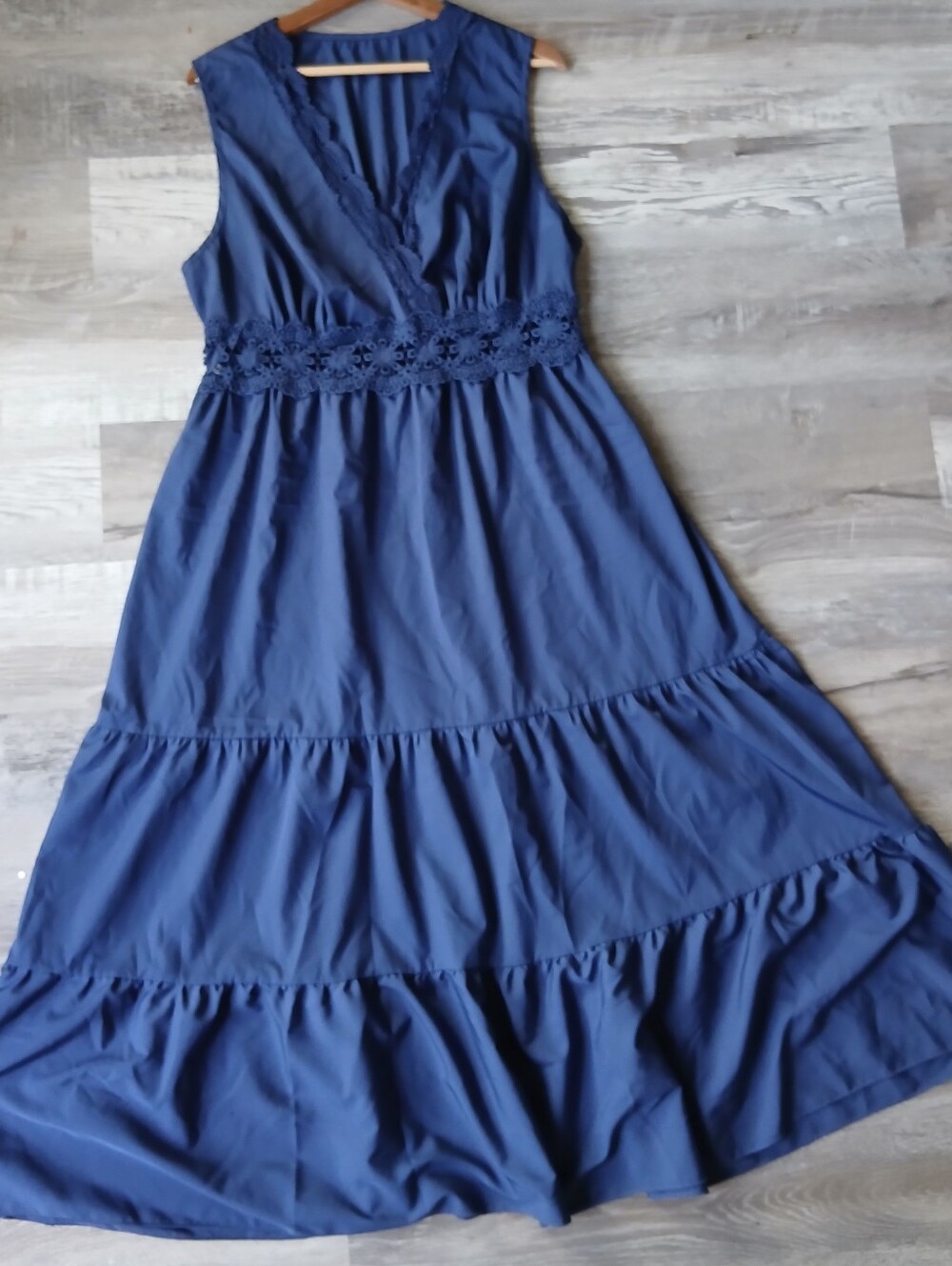 SHEIN Curve Blue Boho Maxi Dress 2XL Tiered Smocked Crochet Lace Trim V-Neck